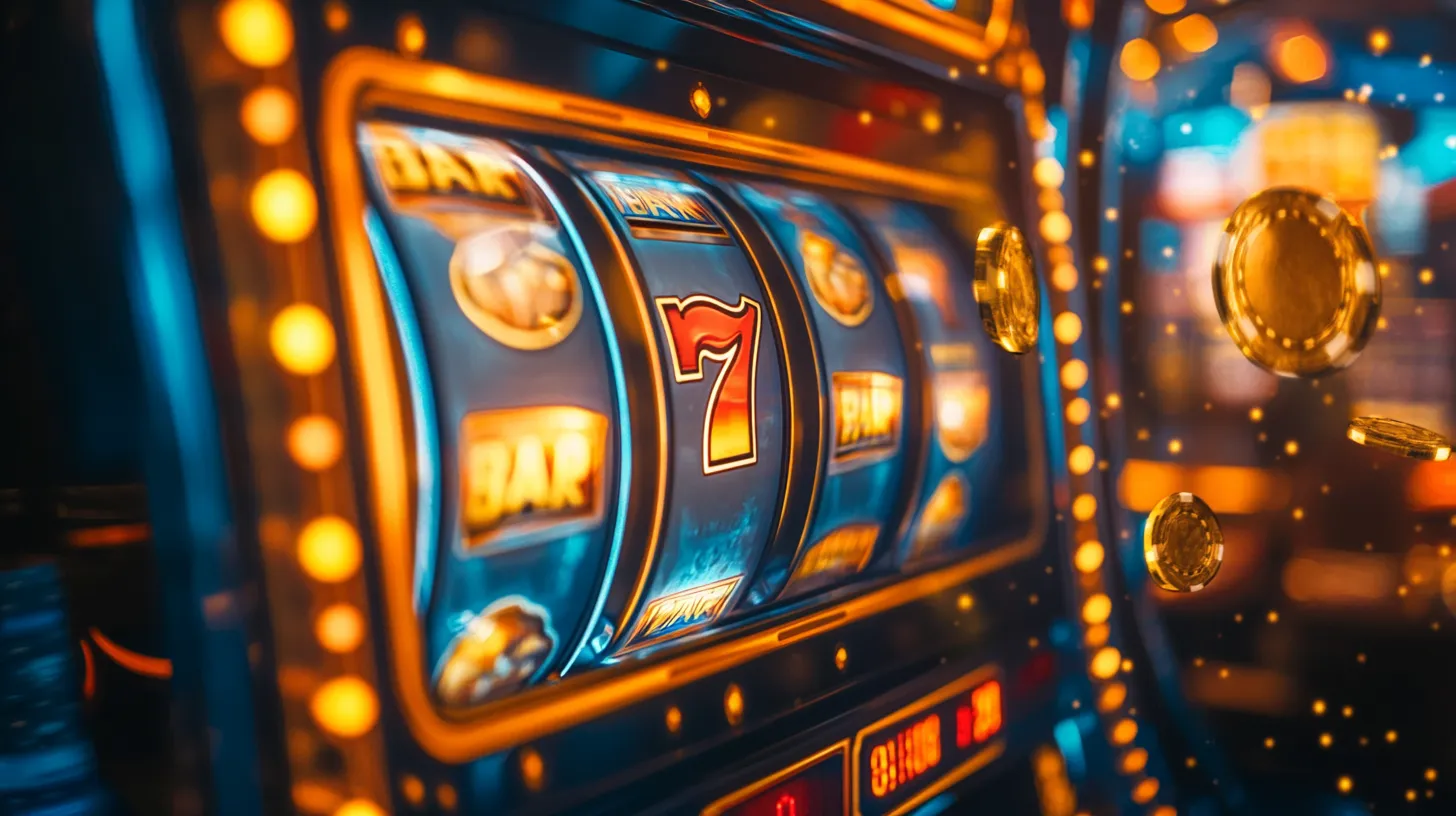 Mobile player reviewing Free Penny Slots titles on a smartphone with gold and lava interface accents.
